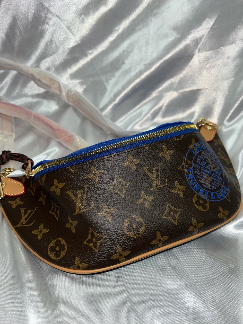 Inspired Monogram Mini Bag with Blue Zip and Gold Hardware